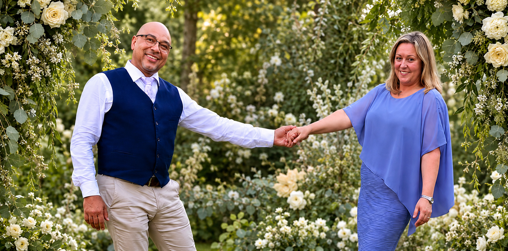 Kristina et Guy se tenant la main dans un décor de fleurs blanches et de feuillage vert